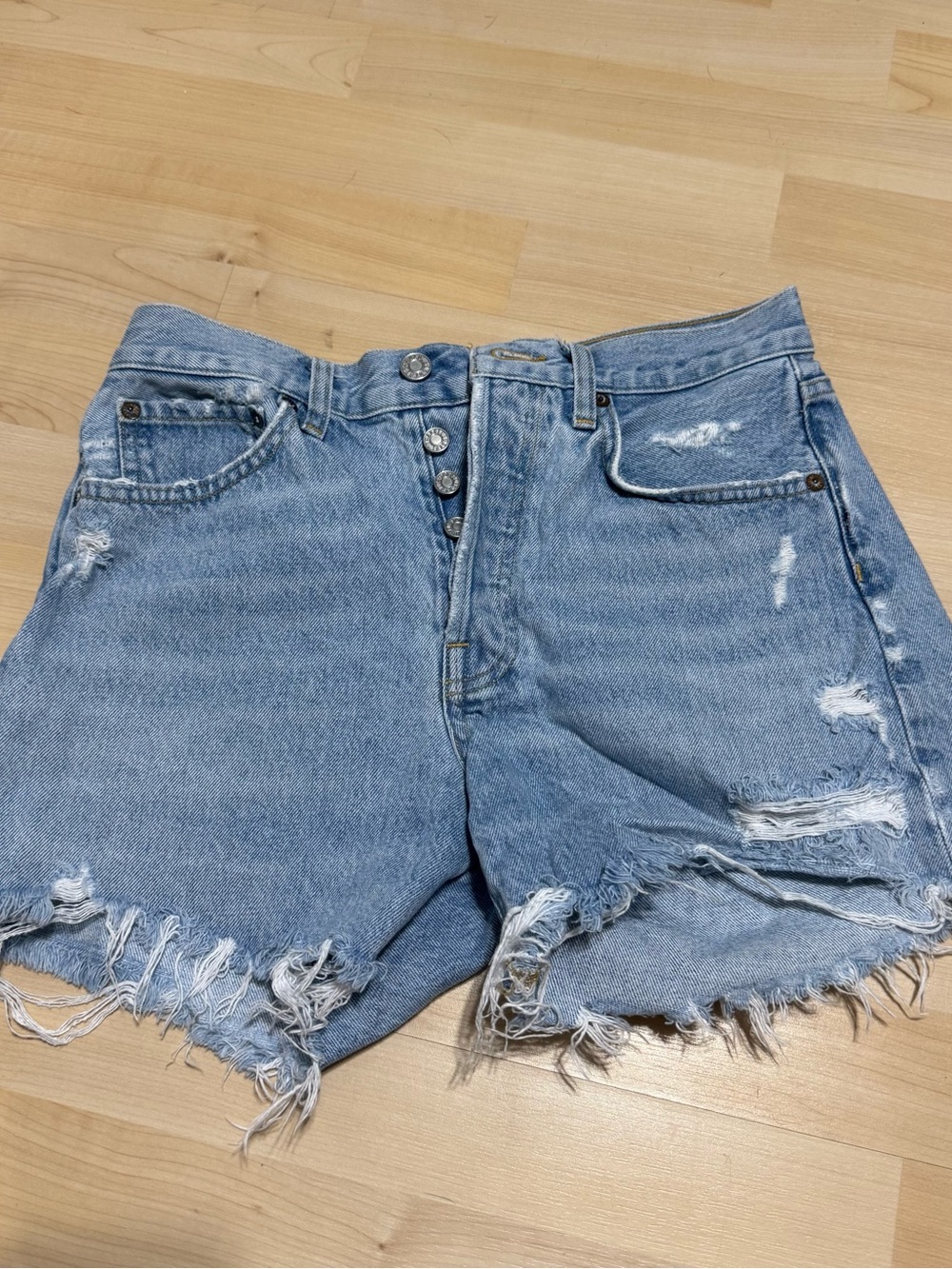Agolde Light Blue Distressed High-Rise Denim Shorts